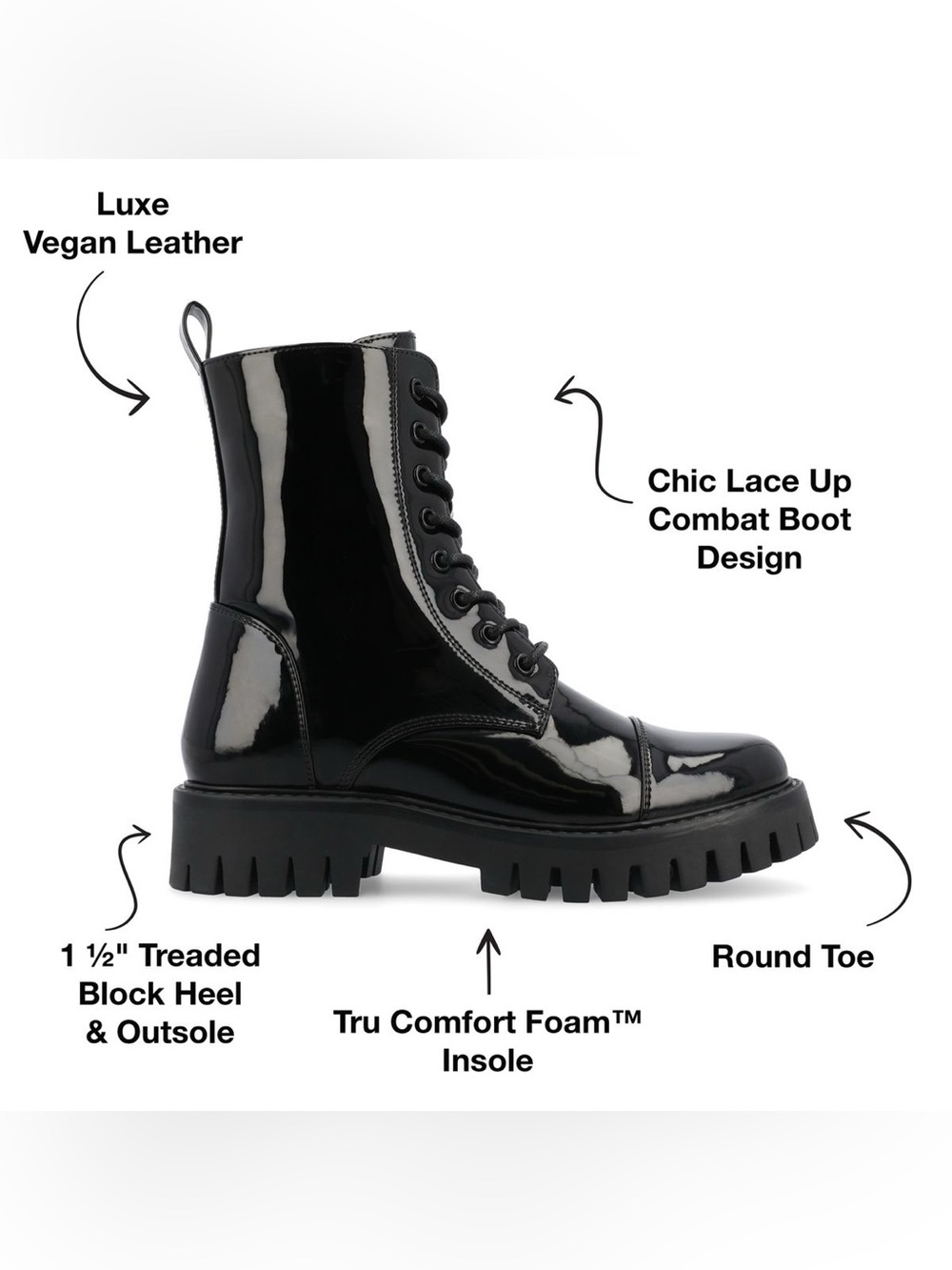 ♥️♥️ Journee Collection Women's Aaley Lace Up Lug Combat Bootie - Patent/Black - Picture 8 of 9